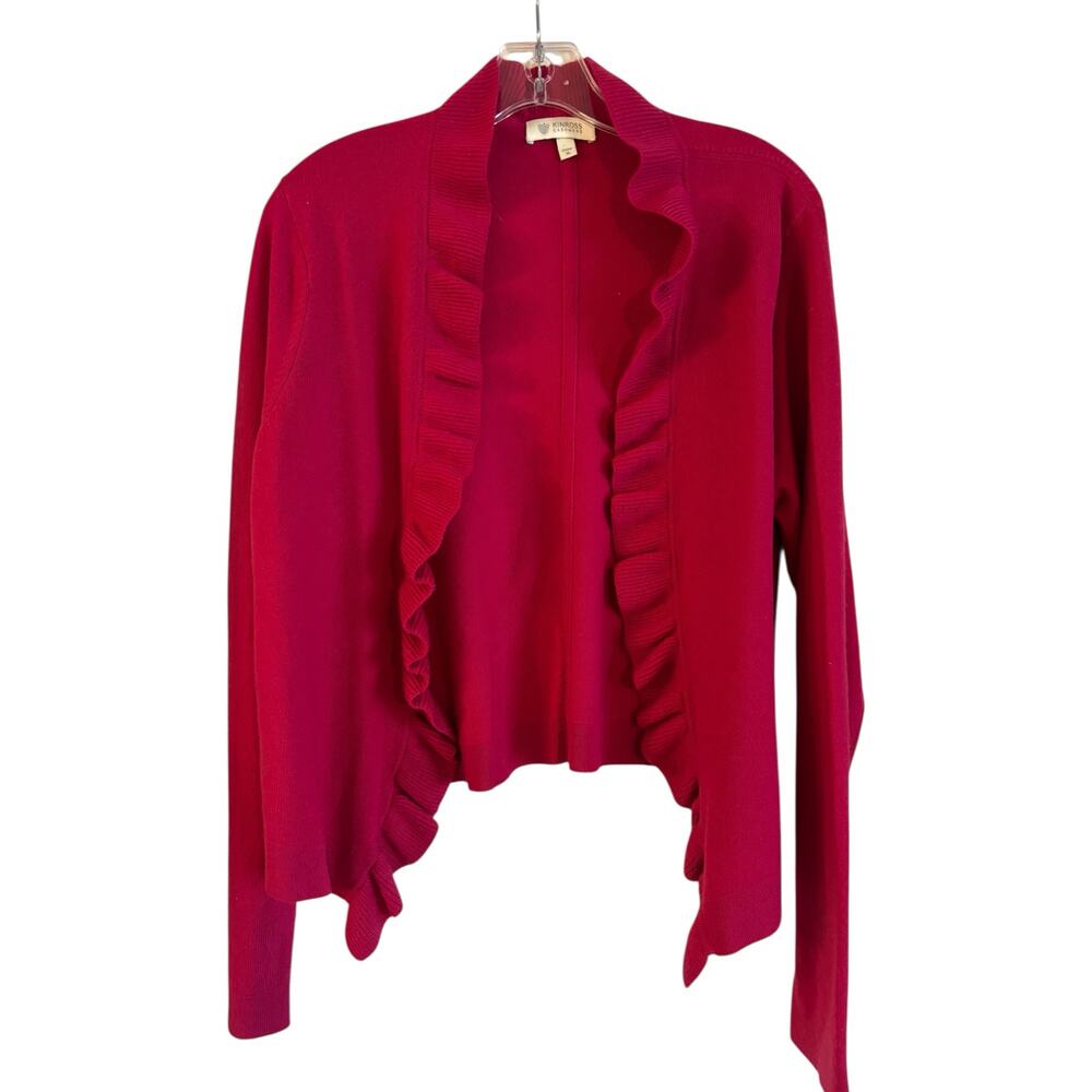 Kinross Cashmere Women’s Pink Ruffle Trim Open Cardigan Size XL 100% Cashmere